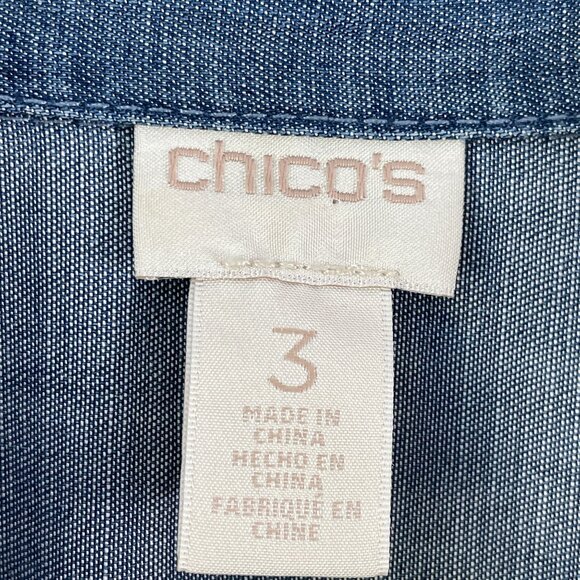 Chicos Womens XL Blue White Mixed Print Button Up Shirt Roll Tab Sleeve Blouse - Picture 4 of 11